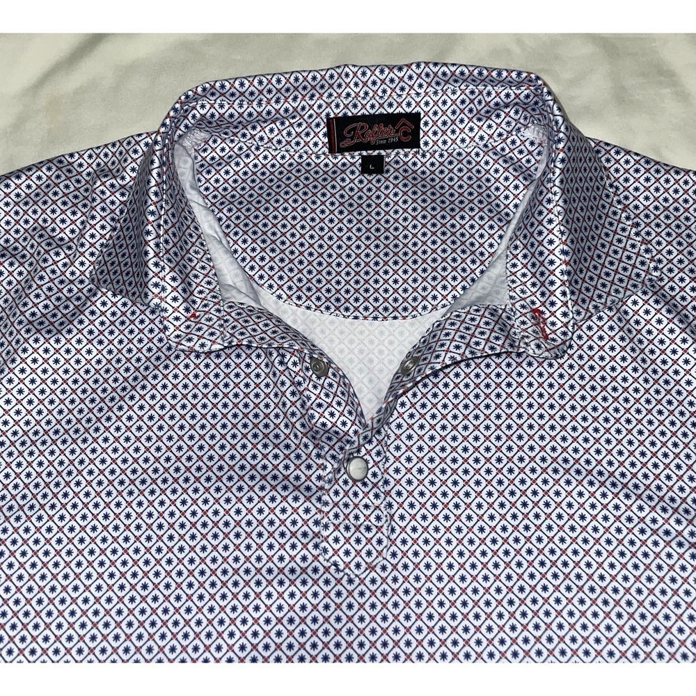 Rafter C Mens Large Pearl Snap Polo Geometric Blue Red White Western Performance